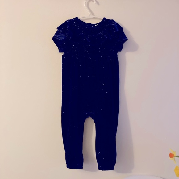 Sparkly Velvet Soft Navy Romper with Ruffle Collar and Snap Bottom - Picture 1 of 5